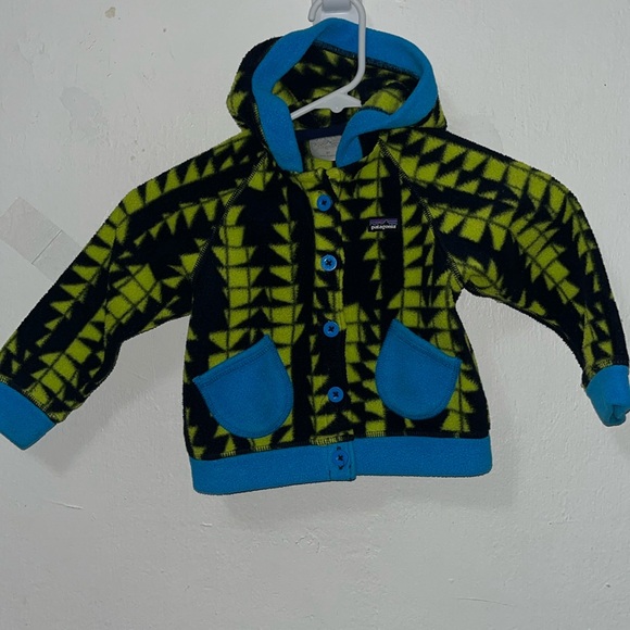 Patagonia Aztec Tribal Print Button Fleece Jacket w/ hoodie Blue/Volt Kids 2T - Picture 1 of 4